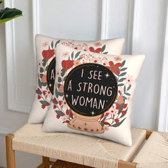 Velvet pillow covers with strong woman crystal-ball quote, styled in a living room