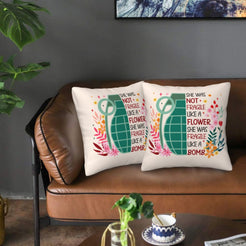 Velvet pillow covers with strong woman flower-and-grenade quote, styled in a living room