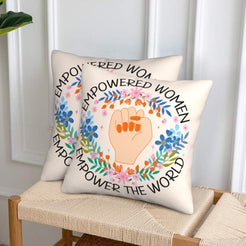 Velvet pillow covers with empowered women floral fist design, styled in a living room