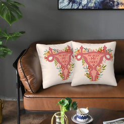 Velvet pillow covers with body autonomy floral design, styled in a living room