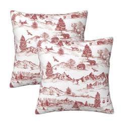 Set of two Christmas velvet pillow covers with red winter countryside toile on white