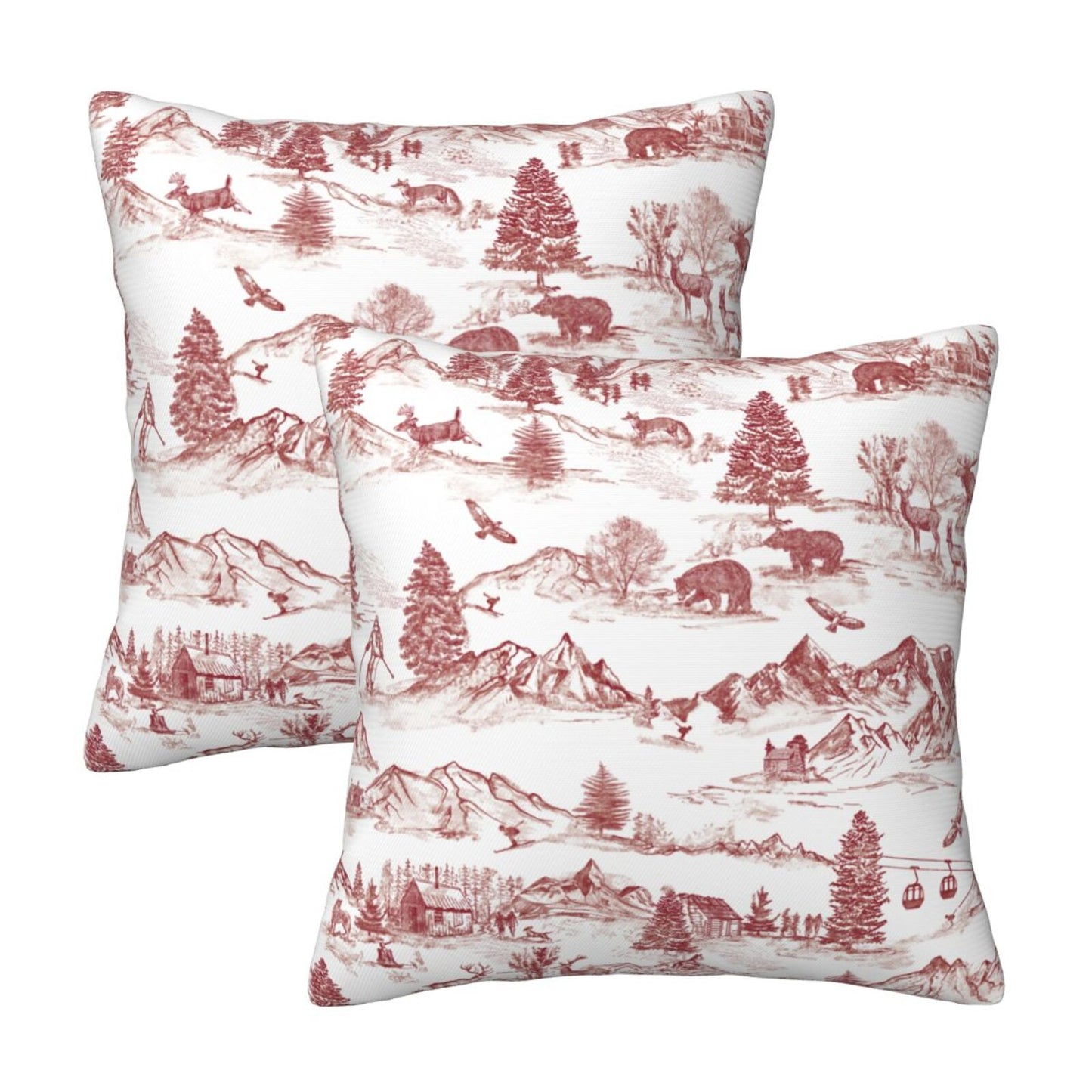 Christmas Toile Throw Pillow Covers 18x18 inch Set of 2 Red Winter Decorative Cushion Covers