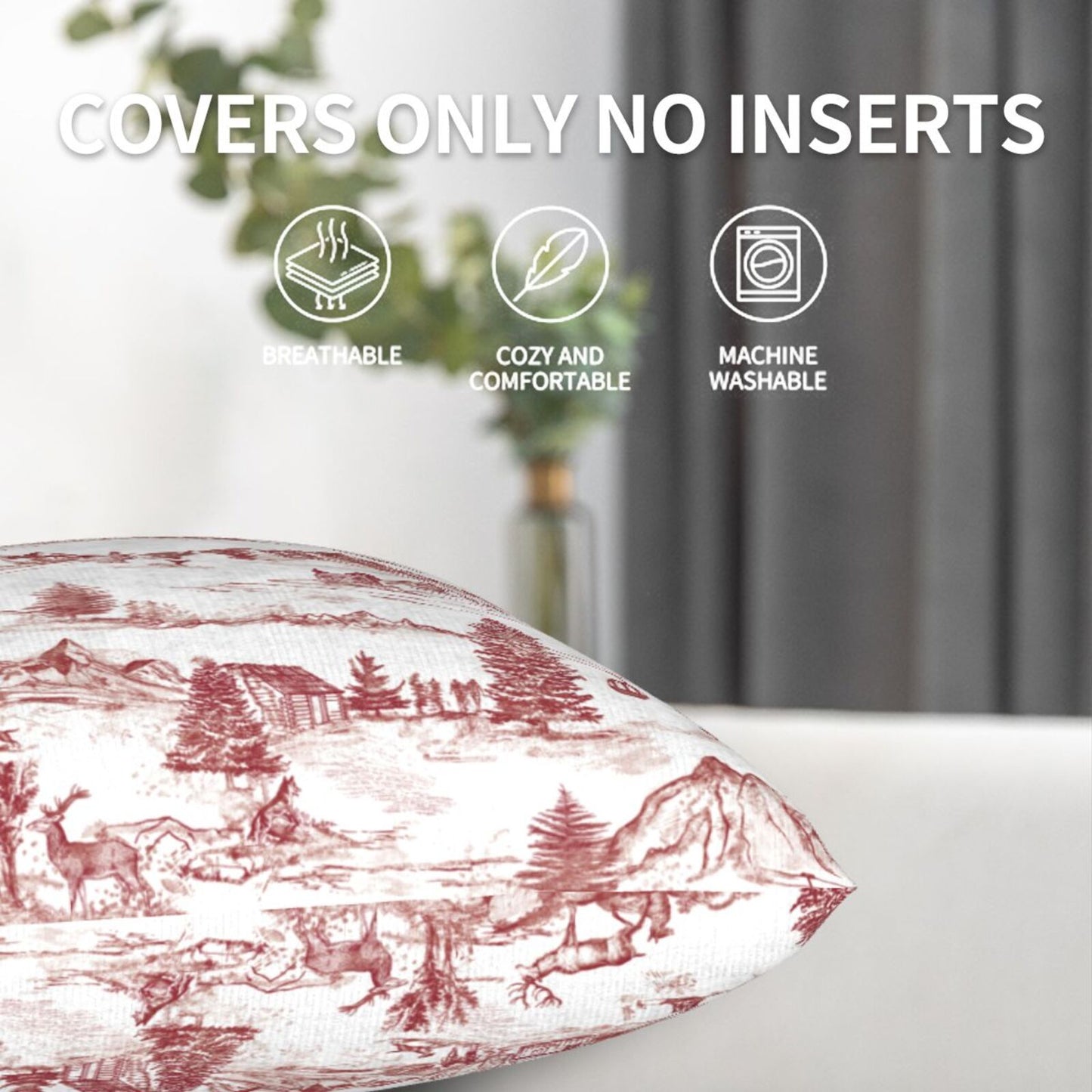 Christmas Toile Throw Pillow Covers 18x18 inch Set of 2 Red Winter Decorative Cushion Covers