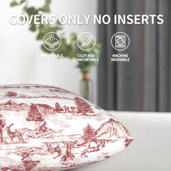 Red winter countryside toile velvet pillow cover shown without an insert