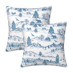 Set of two Christmas velvet pillow covers with blue winter countryside toile on white