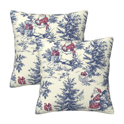 Set of two Christmas velvet pillow covers with blue Santa and gift scenes