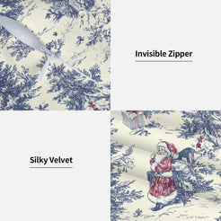 Hidden zipper and velvet detail on a blue Christmas toile pillow cover