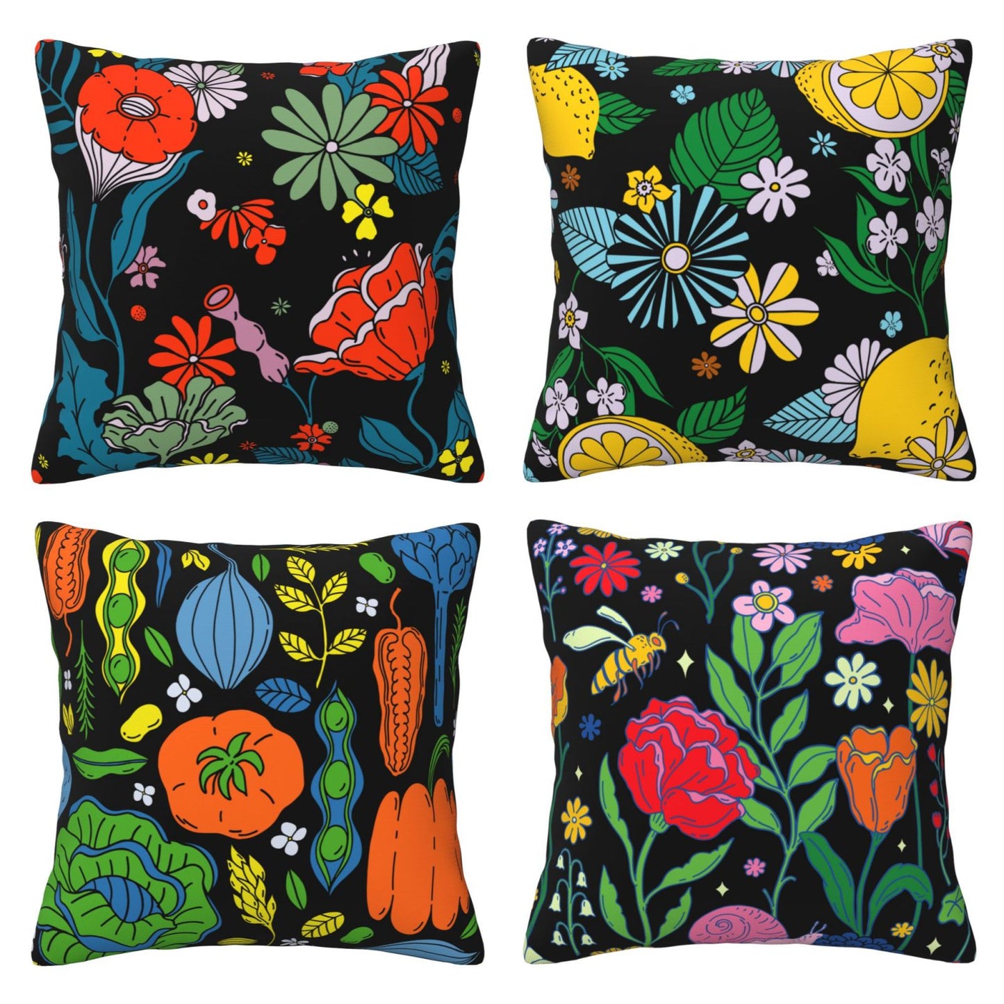Groovy Floral Throw Pillow Covers 18x18 inch Set of 4 Bohemian Flower Botanical Decorative Cushion Covers