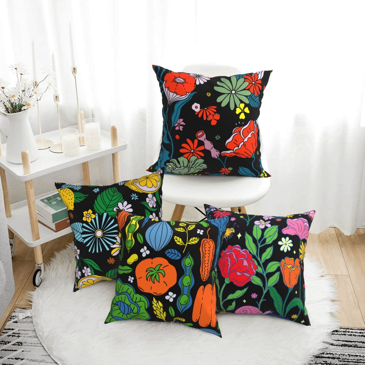 Groovy Floral Throw Pillow Covers 18x18 inch Set of 4 Bohemian Flower Botanical Decorative Cushion Covers