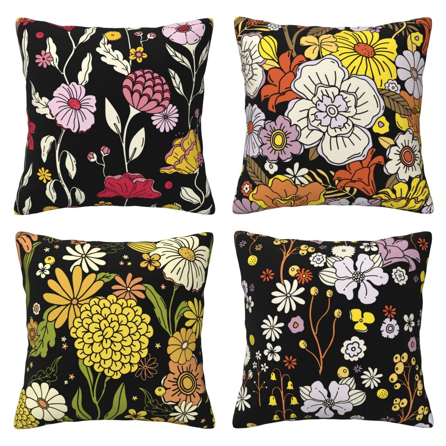 Groovy Floral Throw Pillow Covers 18x18 inch Set of 4 Bohemian Flower Botanical Decorative Cushion Covers
