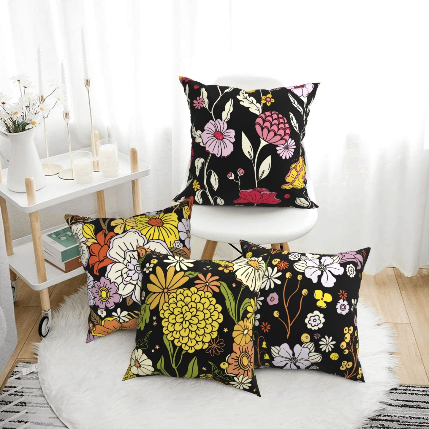 Groovy Floral Throw Pillow Covers 18x18 inch Set of 4 Bohemian Flower Botanical Decorative Cushion Covers