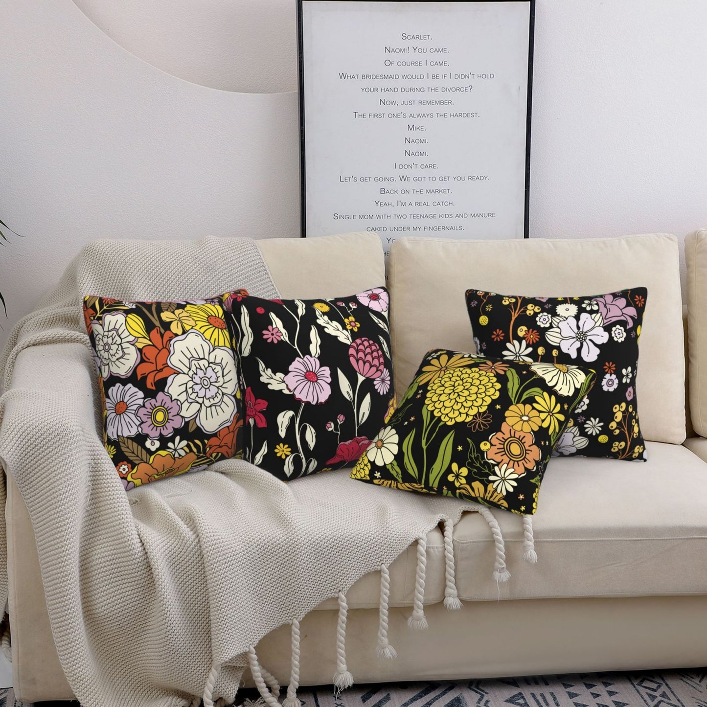 Groovy Floral Throw Pillow Covers 18x18 inch Set of 4 Bohemian Flower Botanical Decorative Cushion Covers