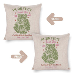 Front and reverse views of a linen-look pillow cover with Purrfect Book Club cat illustration