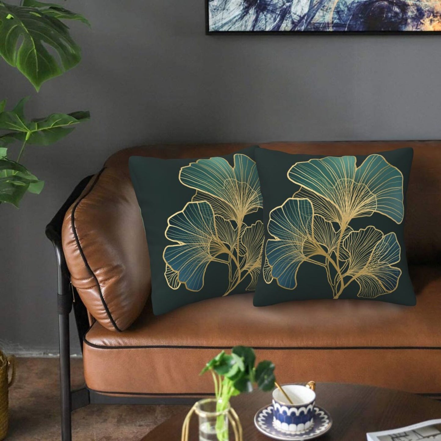 Teal Leaf Throw Pillow Covers 18x18 inch Set of 2 Emerald Green Ginkgo Decorative Cushion Covers