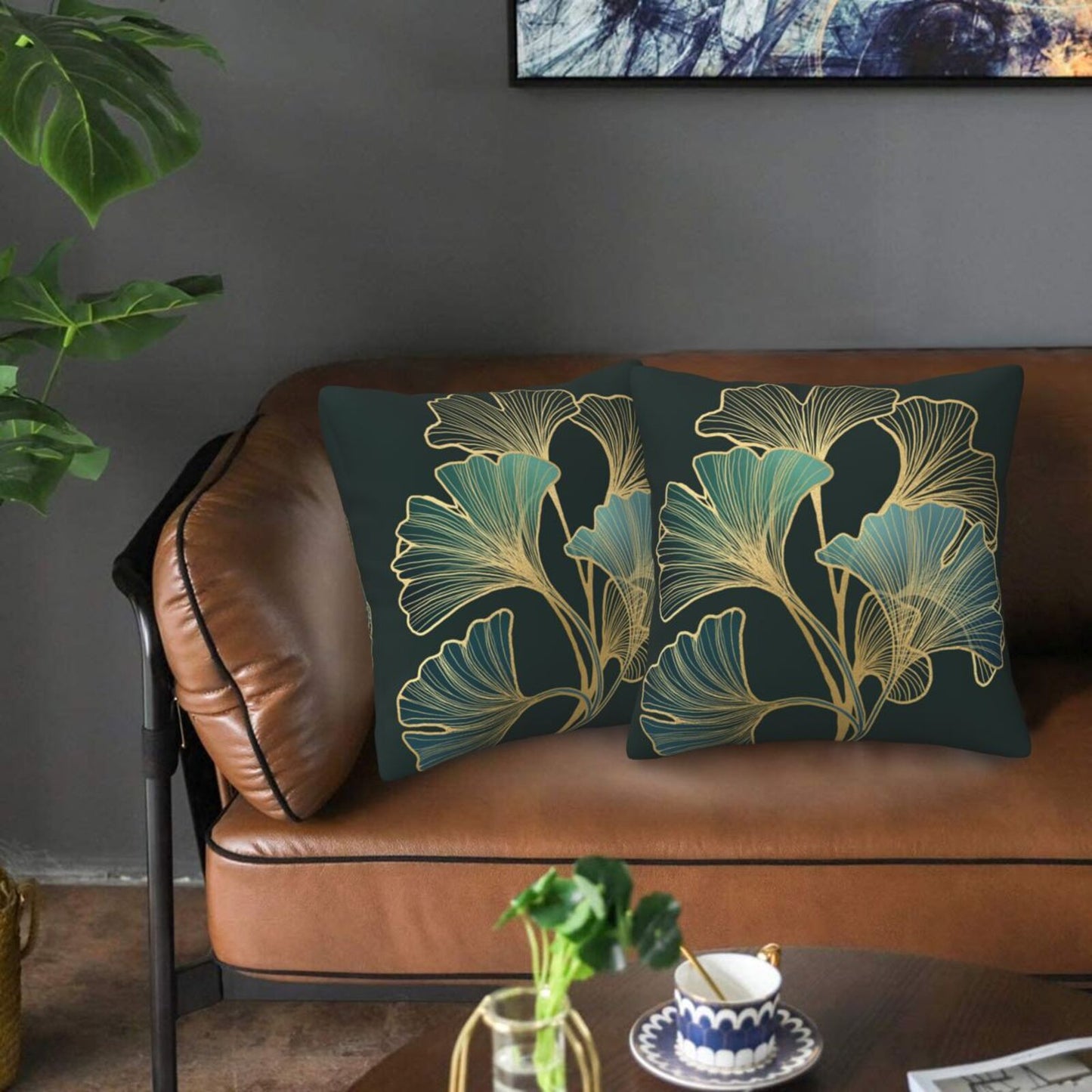 Teal Leaf Throw Pillow Covers 18x18 inch Set of 2 Emerald Green Ginkgo Decorative Cushion Covers