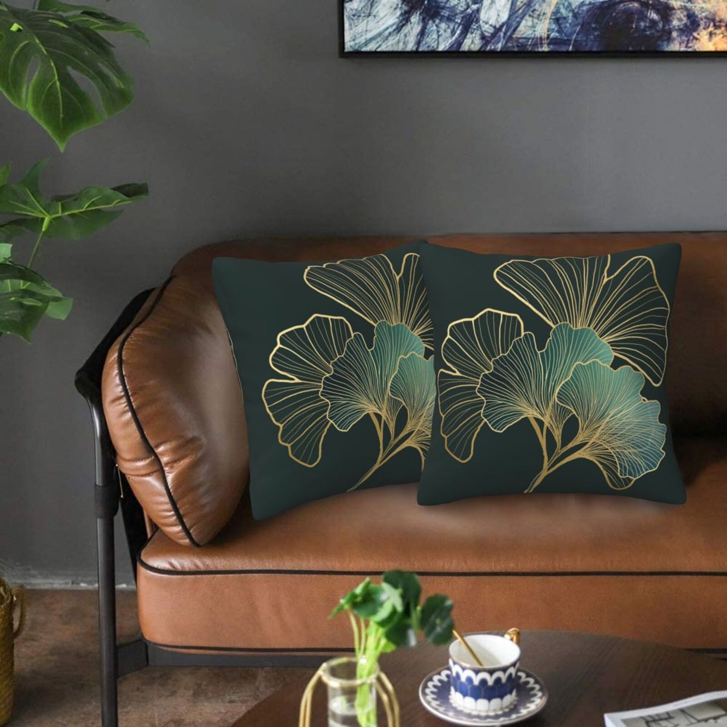 Teal Leaf Throw Pillow Covers 18x18 inch Set of 2 Emerald Green Ginkgo Decorative Cushion Covers