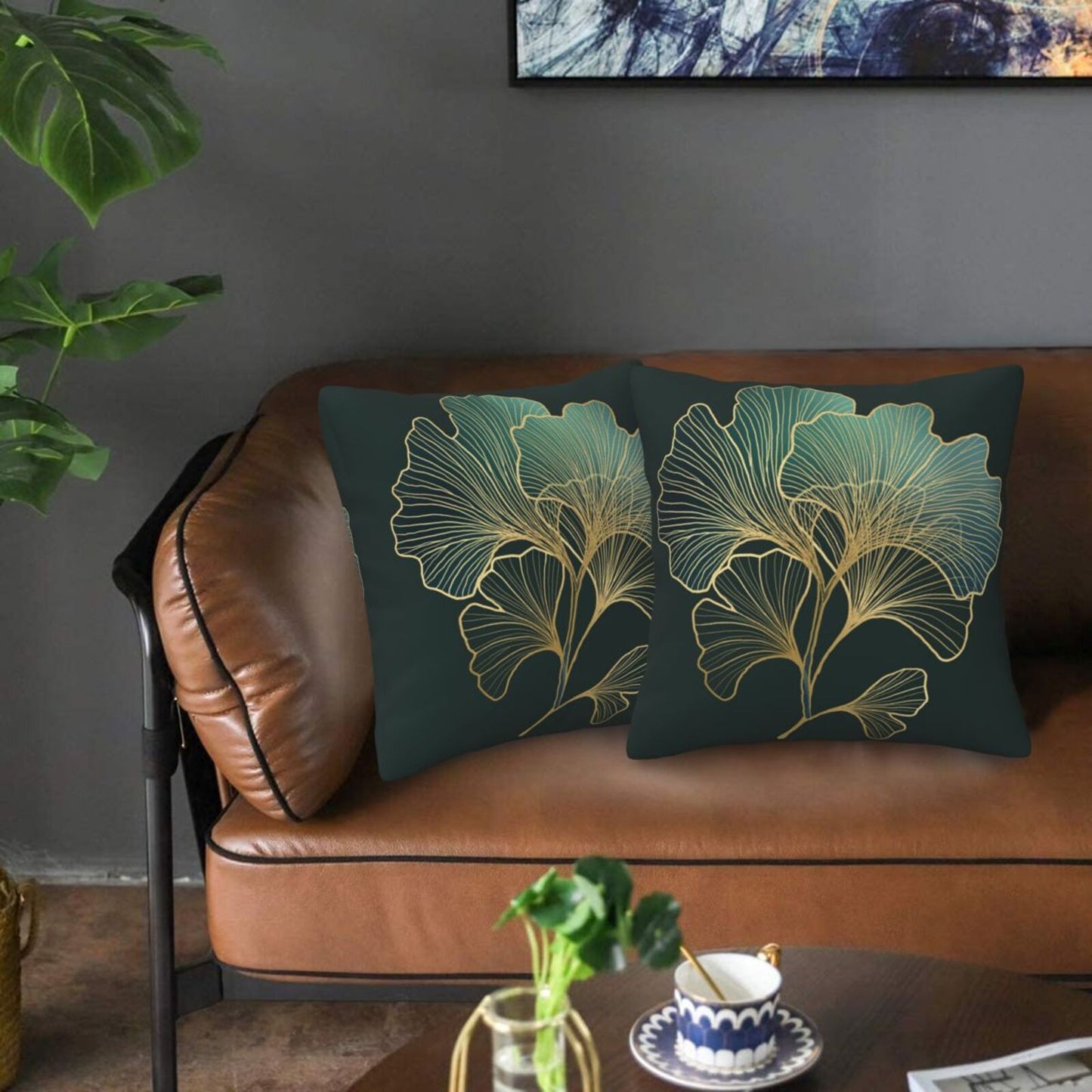 Teal Leaf Throw Pillow Covers 18x18 inch Set of 2 Emerald Green Ginkgo Decorative Cushion Covers