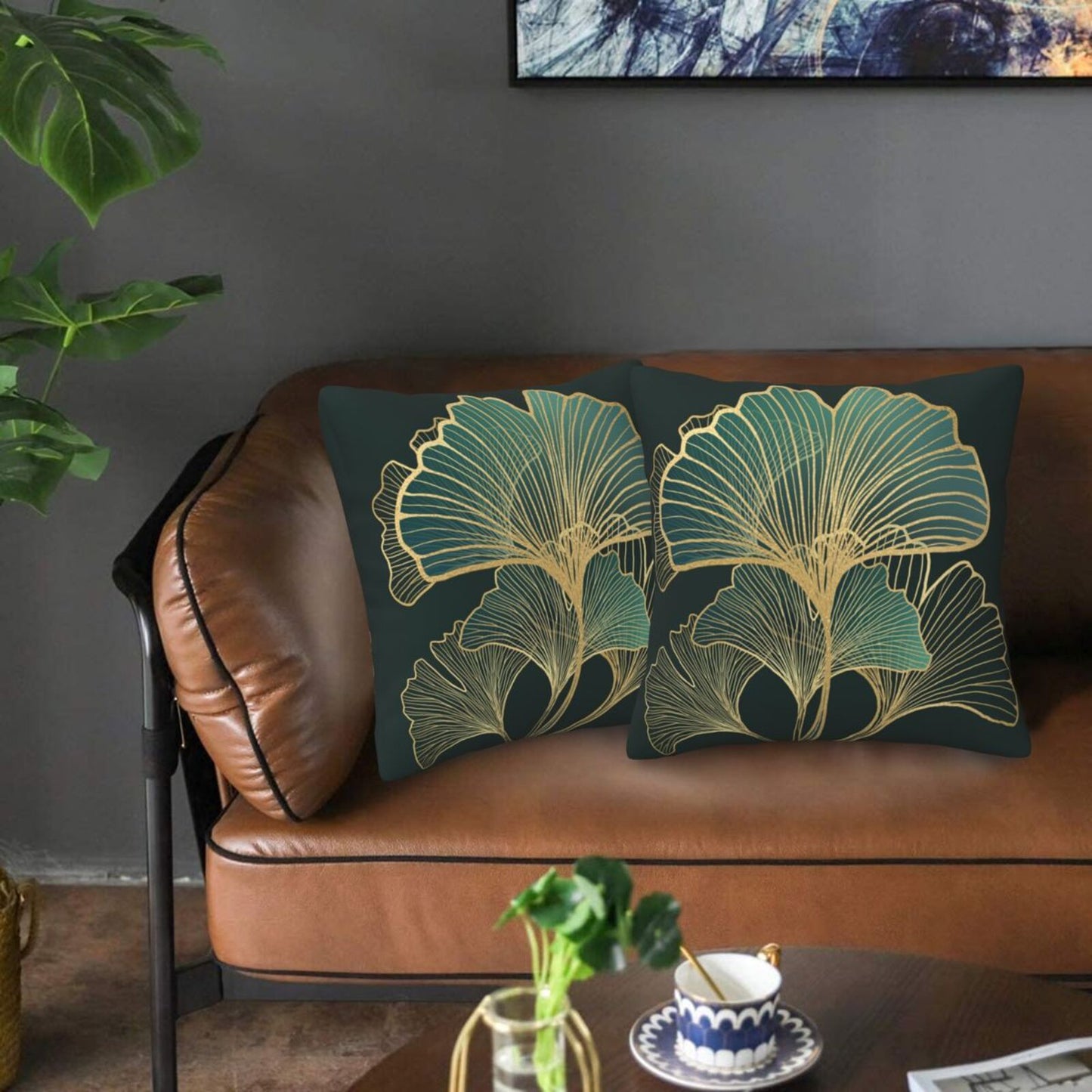 Teal Leaf Throw Pillow Covers 18x18 inch Set of 2 Emerald Green Ginkgo Decorative Cushion Covers