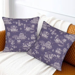Mardi Gras velvet pillow covers with New Orleans toile in pale purple on deep purple, styled on a bed