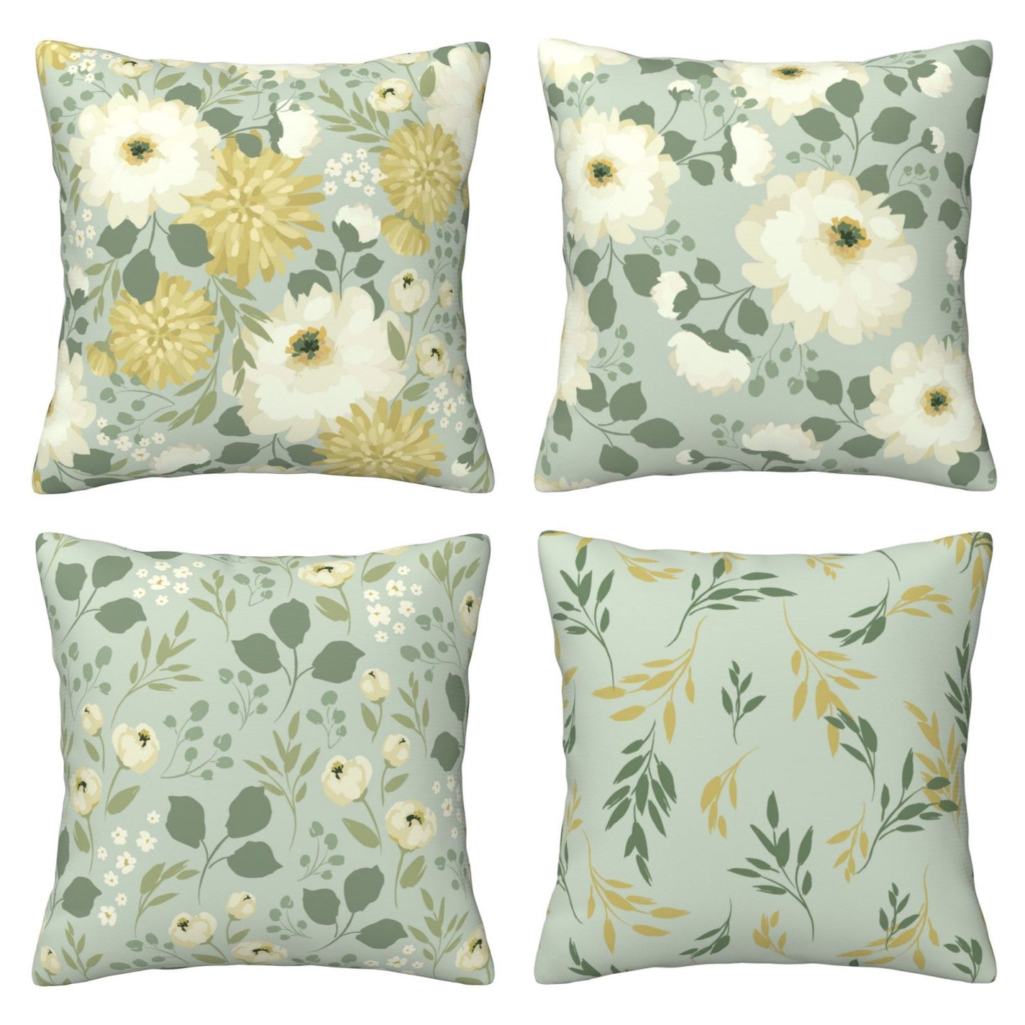 Floral Throw Pillow Covers 18x18 inch Set of 4 Green Garden Flowers Decorative Cushion Covers