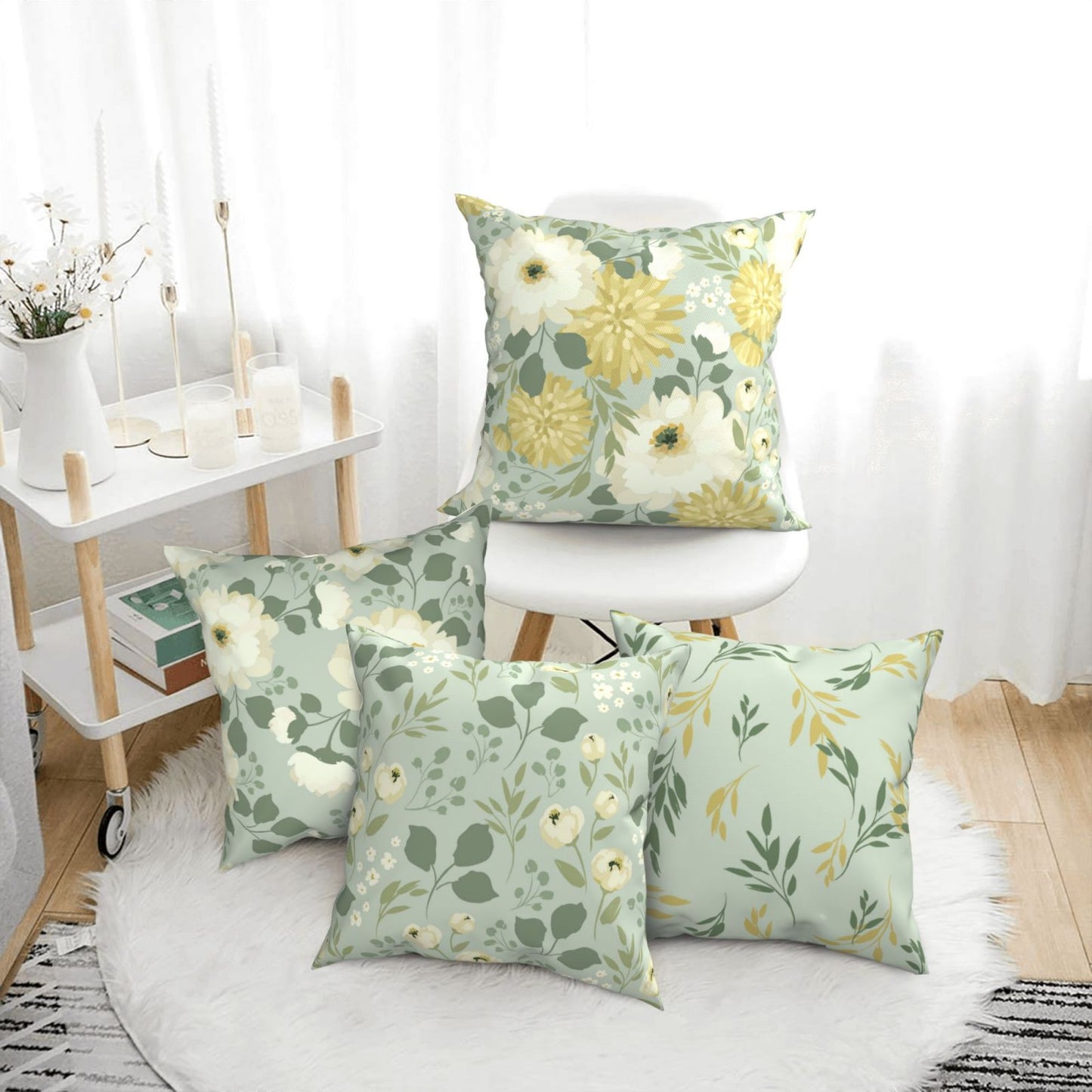 Floral Throw Pillow Covers 18x18 inch Set of 4 Green Garden Flowers Decorative Cushion Covers