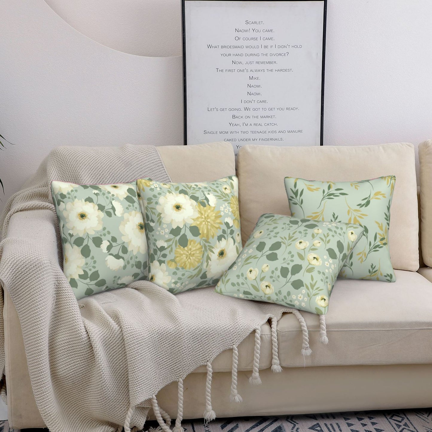 Floral Throw Pillow Covers 18x18 inch Set of 4 Green Garden Flowers Decorative Cushion Covers