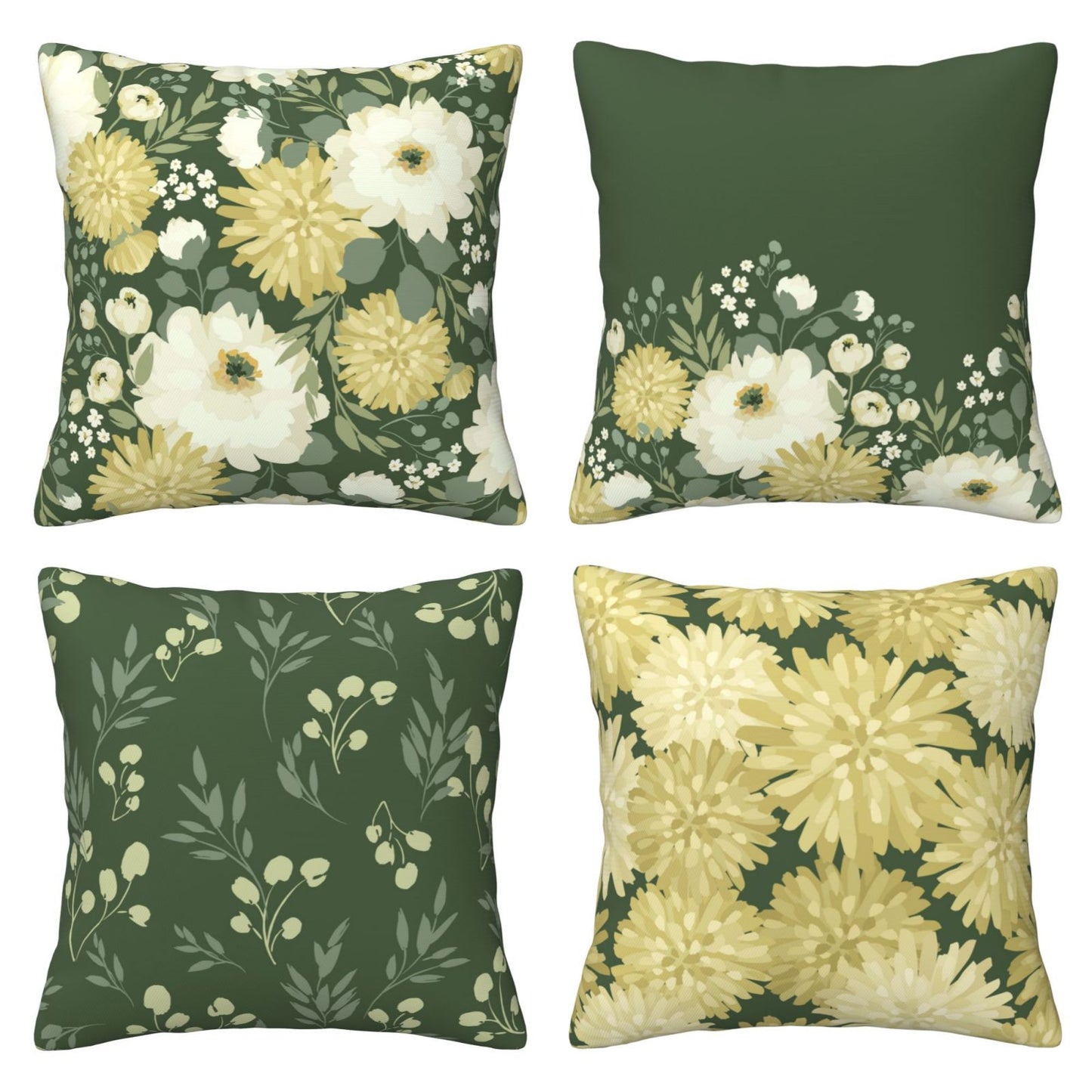 Floral Throw Pillow Covers 18x18 inch Set of 4 Green Garden Flowers Decorative Cushion Covers