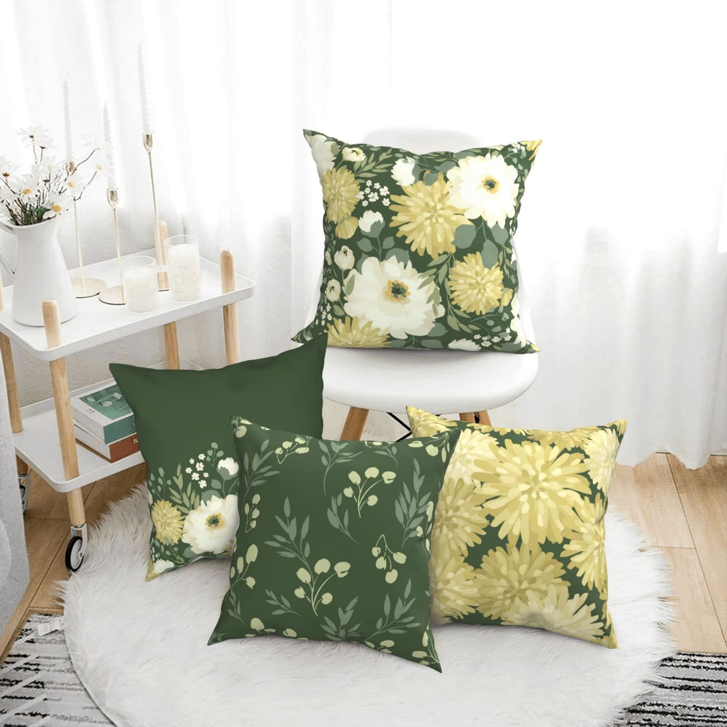 Floral Throw Pillow Covers 18x18 inch Set of 4 Green Garden Flowers Decorative Cushion Covers