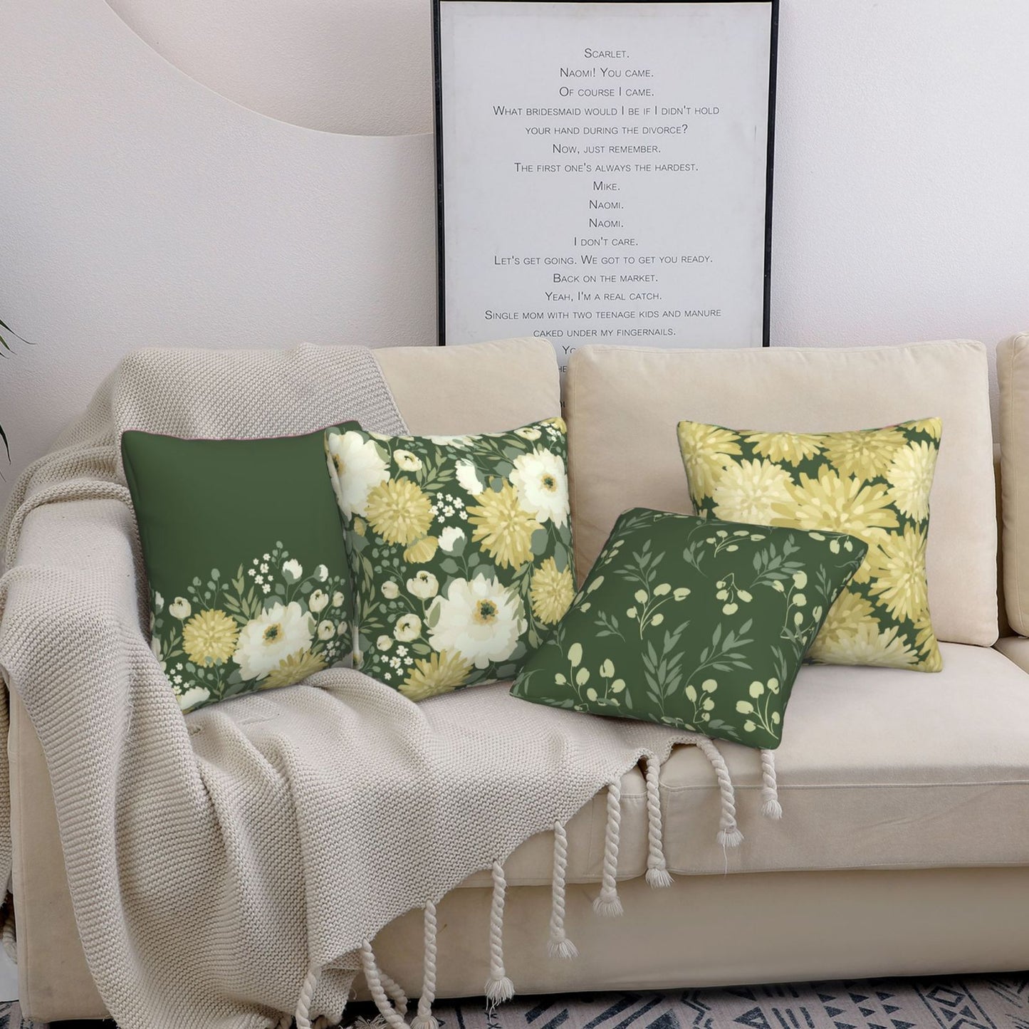 Floral Throw Pillow Covers 18x18 inch Set of 4 Green Garden Flowers Decorative Cushion Covers