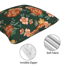 Hidden zipper and soft fabric detail on a green rose floral pillow cover