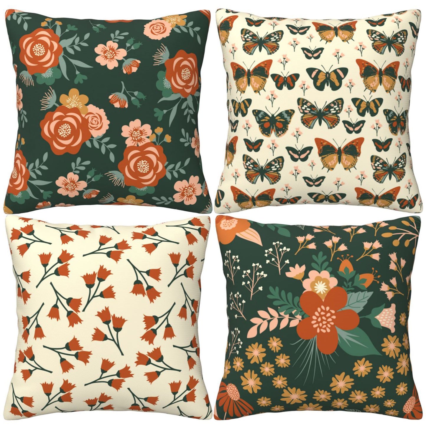Floral Throw Pillow Covers 18x18 inch Set of 4 Green Garden Flowers Decorative Cushion Covers