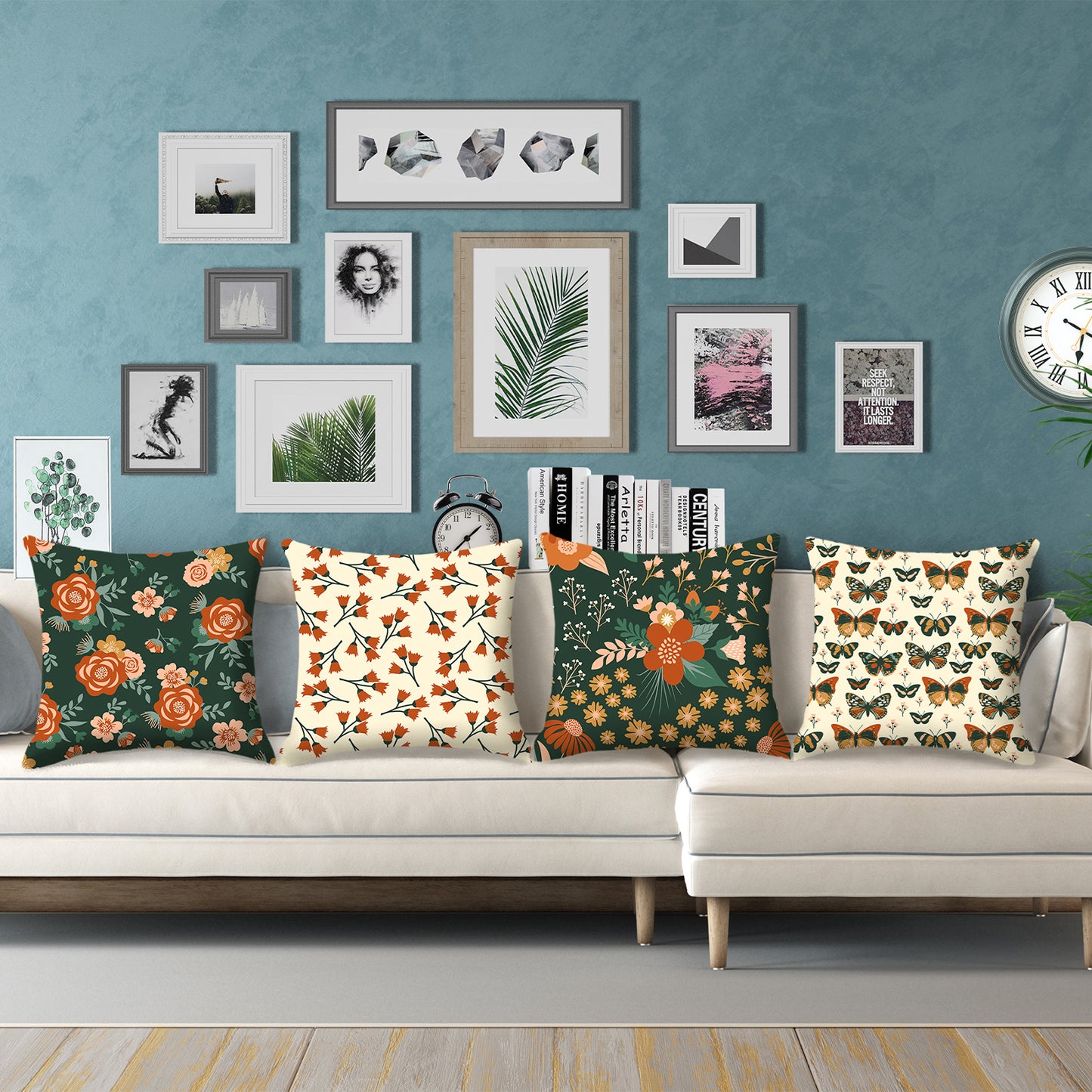 Floral Throw Pillow Covers 18x18 inch Set of 4 Green Garden Flowers Decorative Cushion Covers