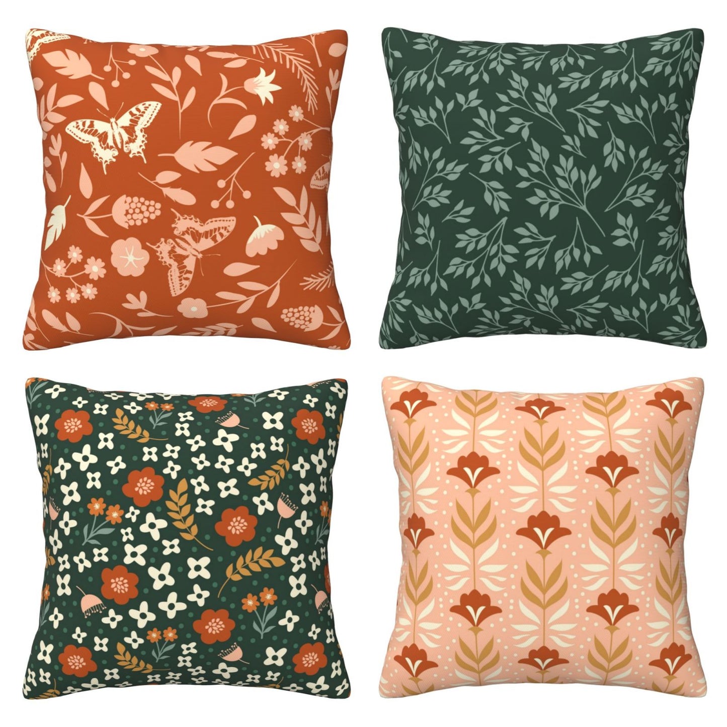Floral Throw Pillow Covers 18x18 inch Set of 4 Green Garden Flowers Decorative Cushion Covers