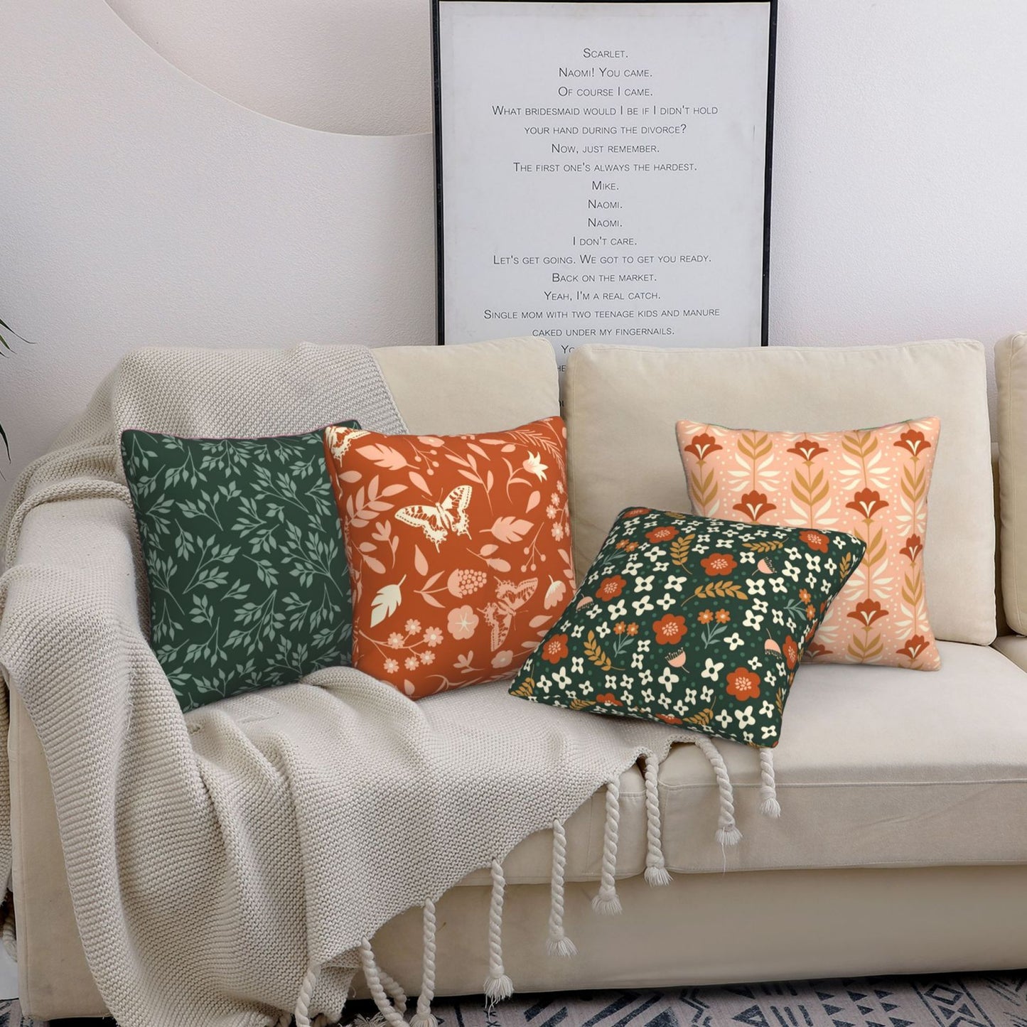 Floral Throw Pillow Covers 18x18 inch Set of 4 Green Garden Flowers Decorative Cushion Covers