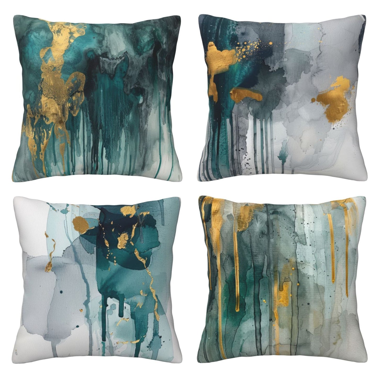 Teal and Gold Throw Pillow Covers 18x18 inch Set of 4 Turquoise Abstract Cushion Covers
