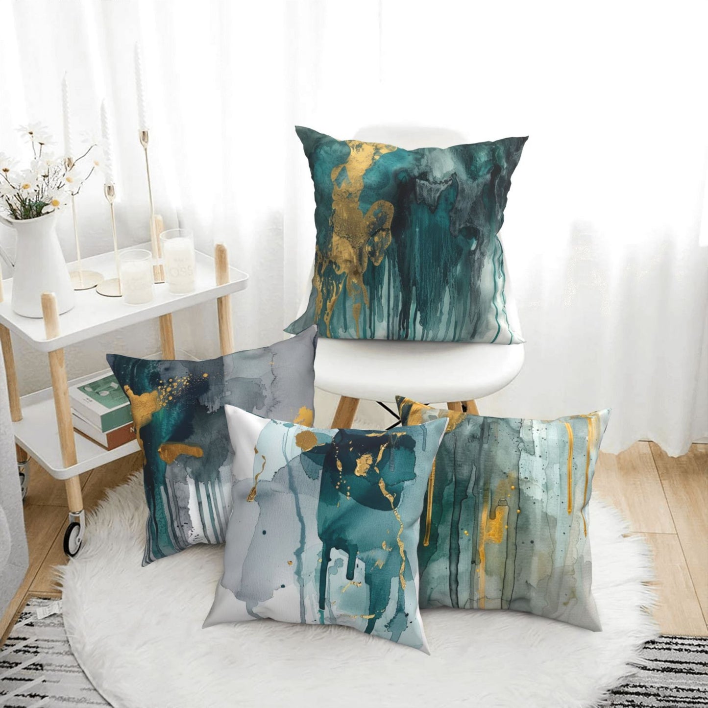 Teal and Gold Throw Pillow Covers 18x18 inch Set of 4 Turquoise Abstract Cushion Covers