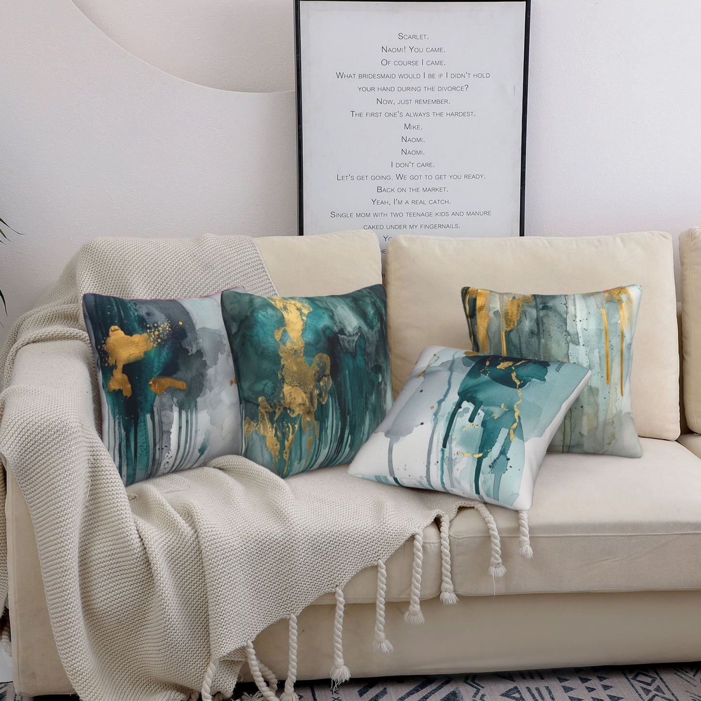 Teal and Gold Throw Pillow Covers 18x18 inch Set of 4 Turquoise Abstract Cushion Covers
