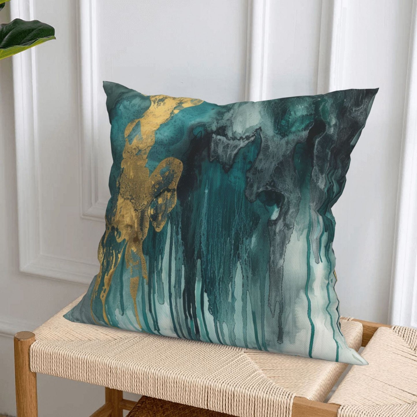 Teal and Gold Throw Pillow Covers 18x18 inch Set of 4 Turquoise Abstract Cushion Covers