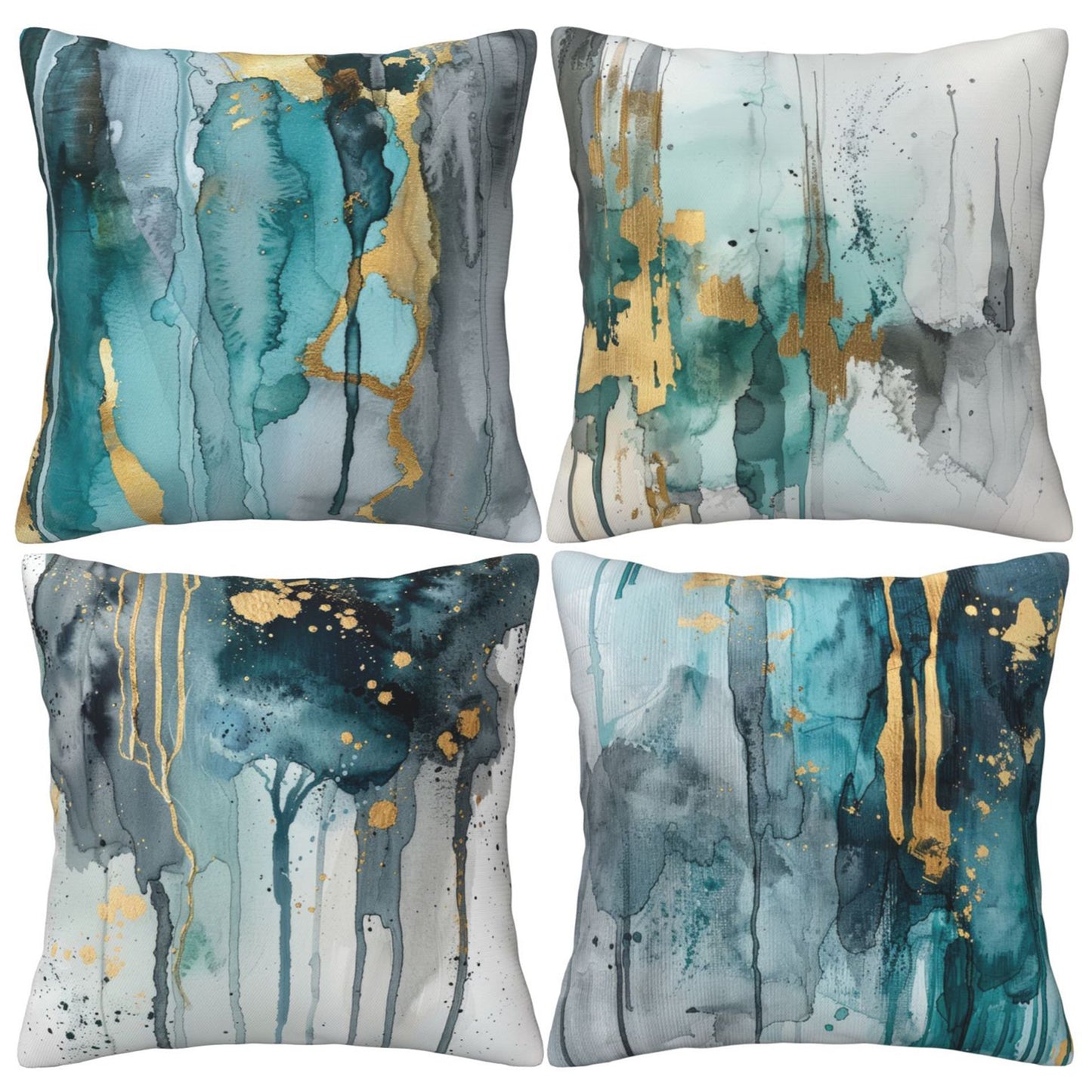 Teal and Gold Throw Pillow Covers 18x18 inch Set of 4 Turquoise Abstract Cushion Covers