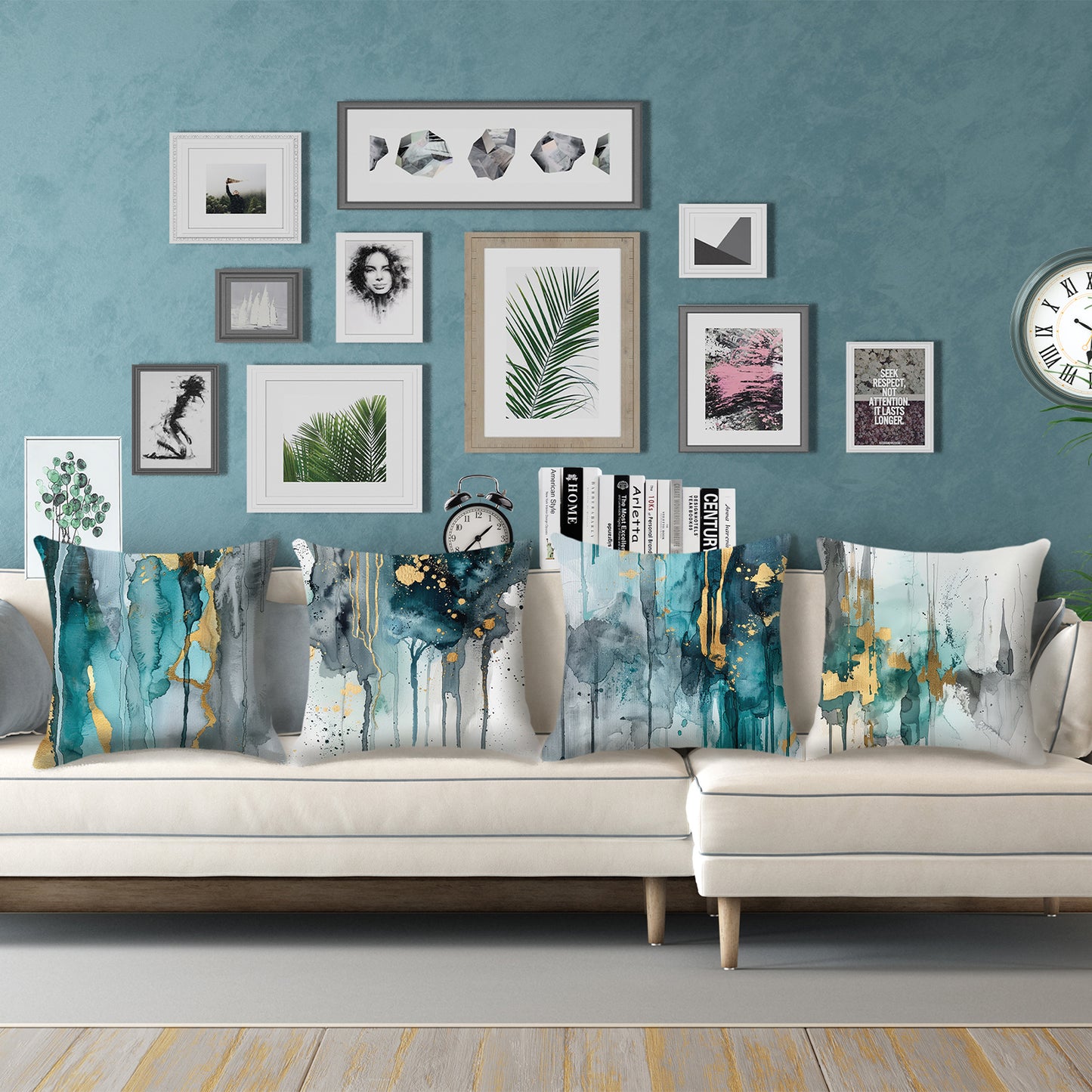 Teal and Gold Throw Pillow Covers 18x18 inch Set of 4 Turquoise Abstract Cushion Covers