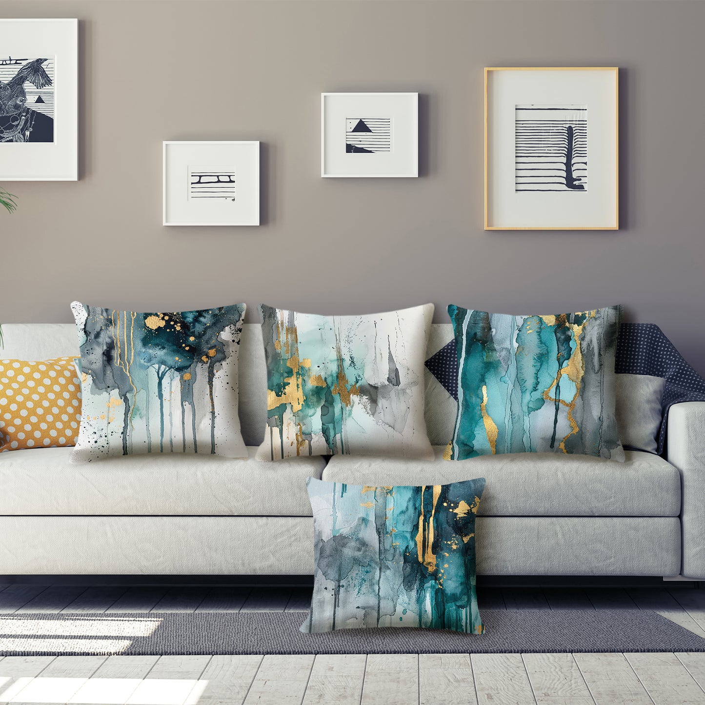 Teal and Gold Throw Pillow Covers 18x18 inch Set of 4 Turquoise Abstract Cushion Covers