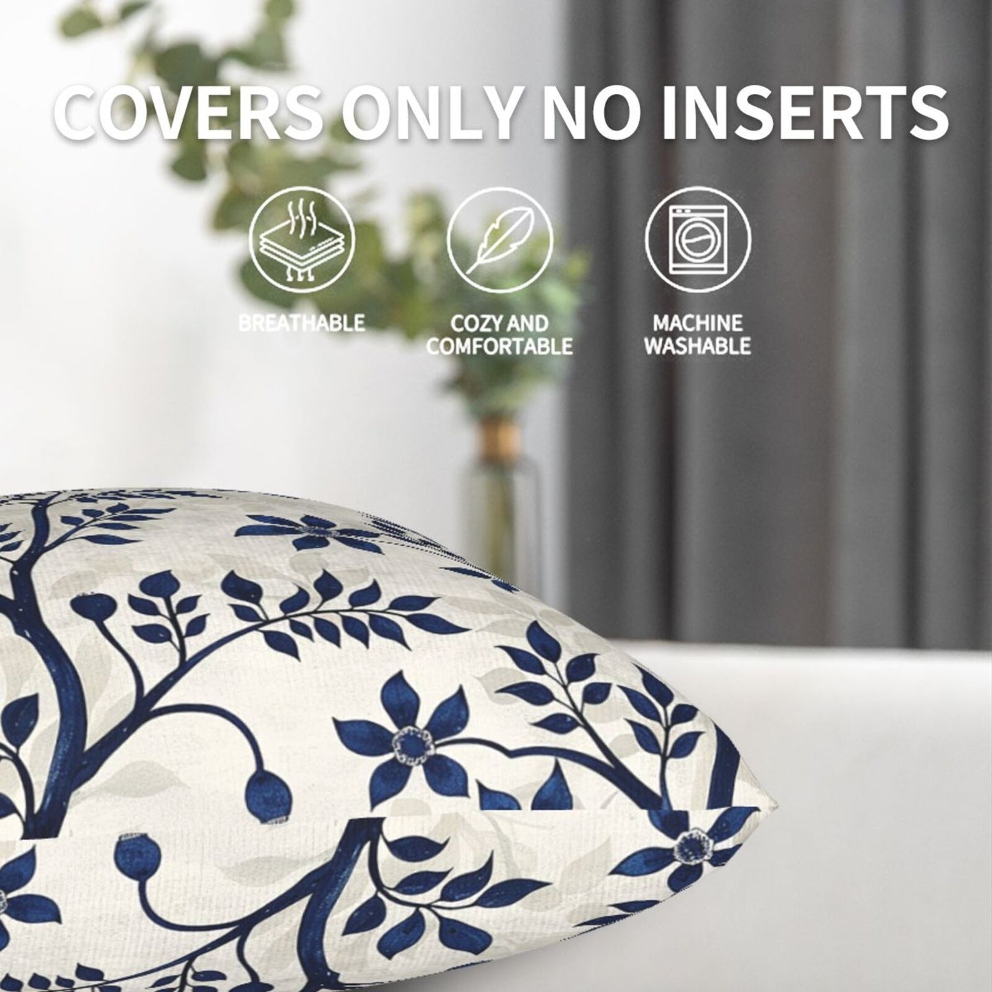 Block Print Throw Pillow Covers 18x18 inch Set of 2 Vintage Flowers Decorative Cushion Covers