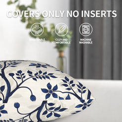 Block-print-inspired velvet pillow cover with navy flowering branches, shown without an insert