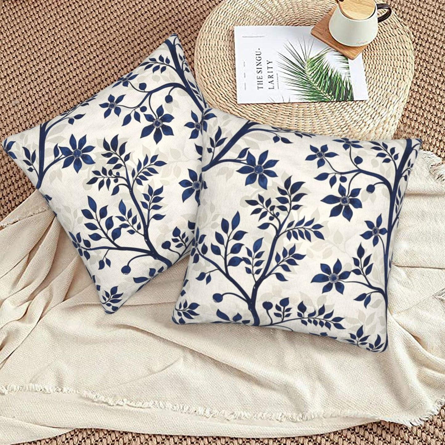 Block Print Throw Pillow Covers 18x18 inch Set of 2 Vintage Flowers Decorative Cushion Covers