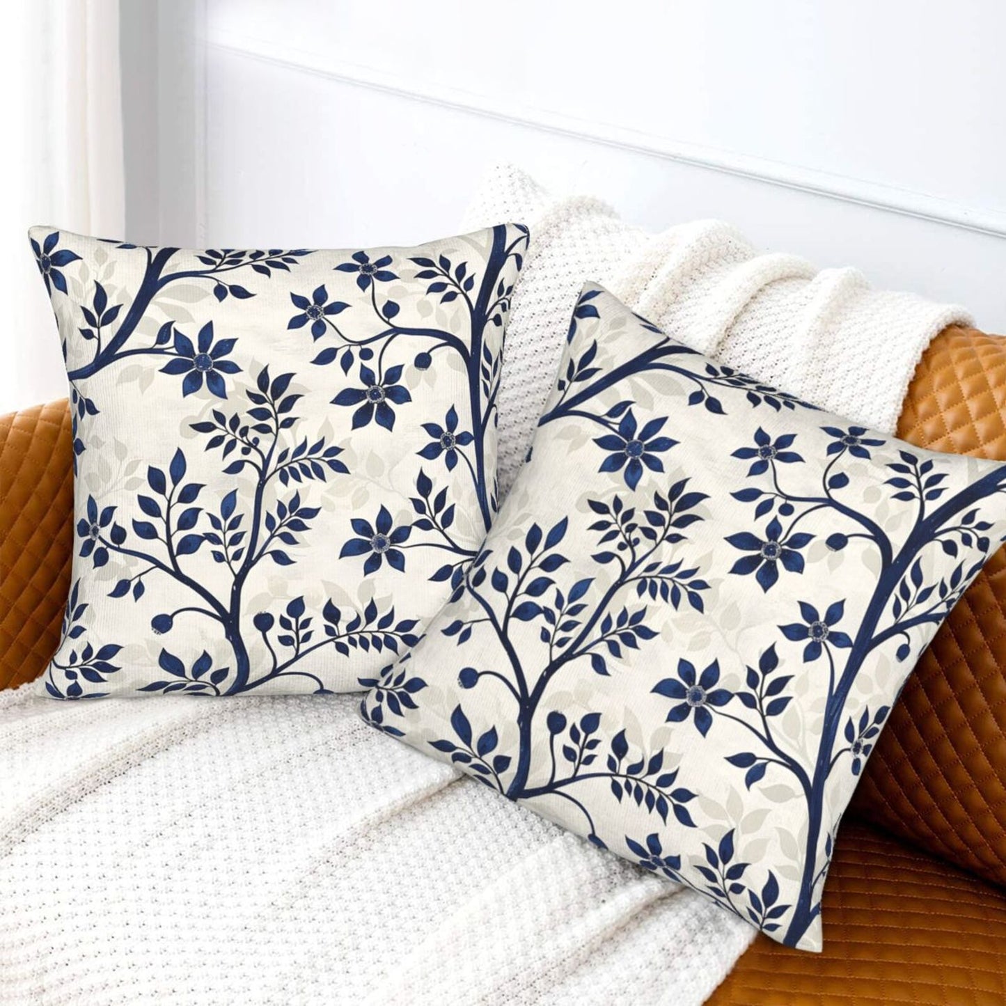 Block Print Throw Pillow Covers 18x18 inch Set of 2 Vintage Flowers Decorative Cushion Covers