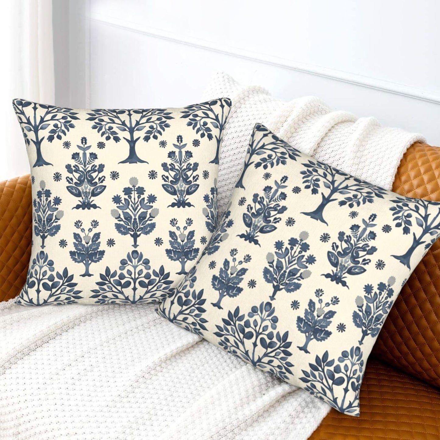 Block Print Throw Pillow Covers 18x18 inch Set of 2 Vintage Flowers Decorative Cushion Covers