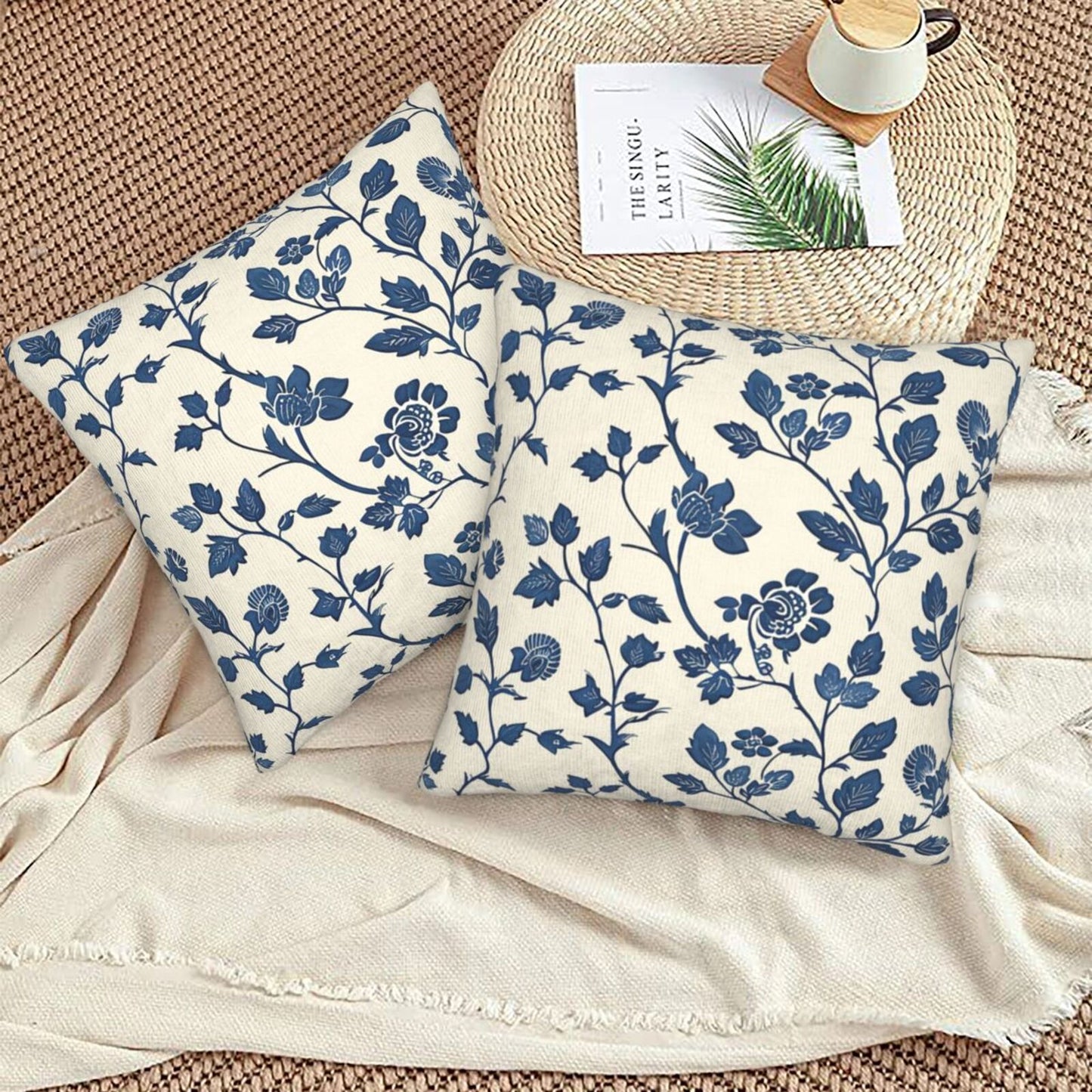 Block Print Throw Pillow Covers 18x18 inch Set of 2 Vintage Flowers Decorative Cushion Covers