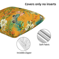 Close-up of hidden zipper and soft velvet texture on velvet pillow cover with birds, butterflies and flowers on mustard