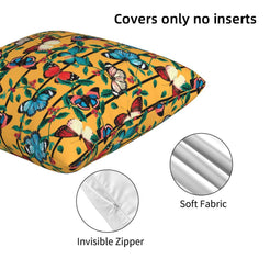 Close-up of hidden zipper and soft velvet texture on velvet pillow cover with bright butterflies and leaves on mustard