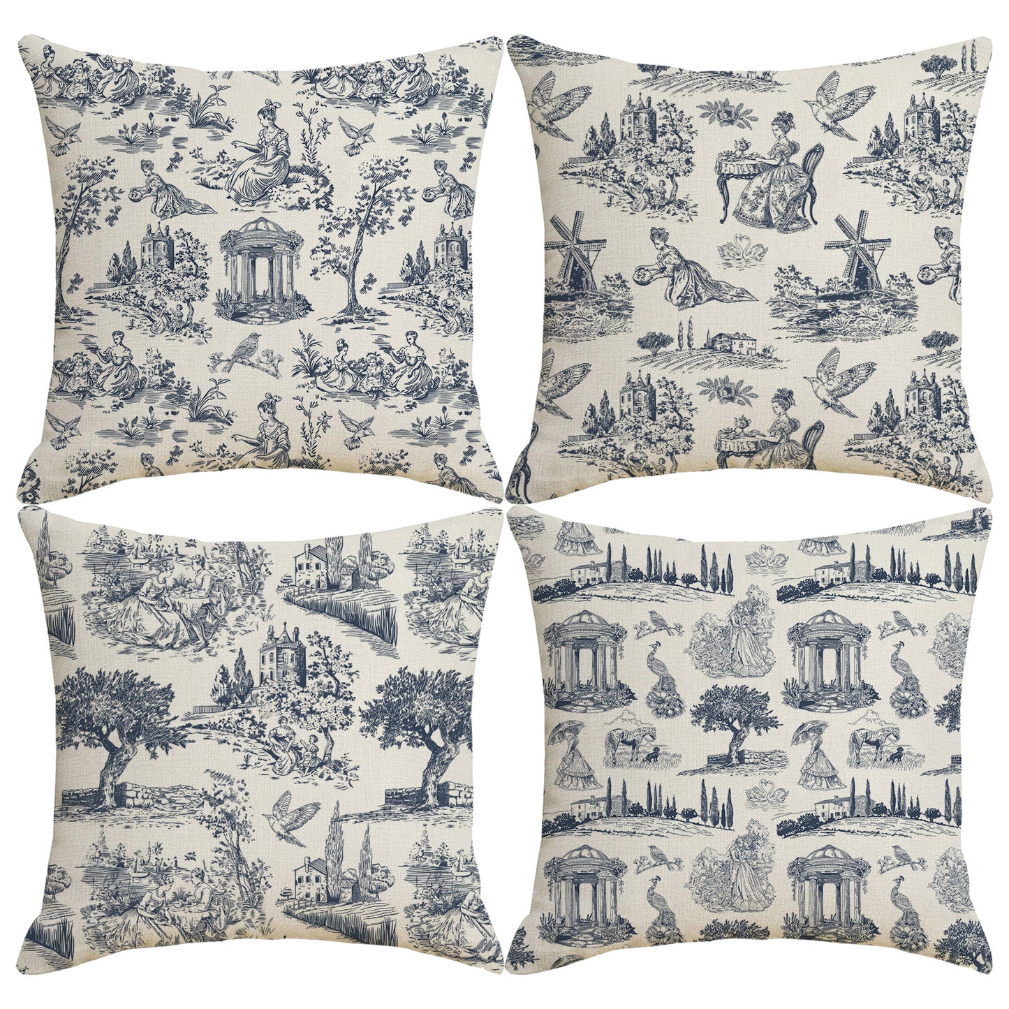 Toile Throw Pillow Covers 18x18 inch Set of 4 French Style Pillow Cases Vintage Scenery Decorative Cushion Covers